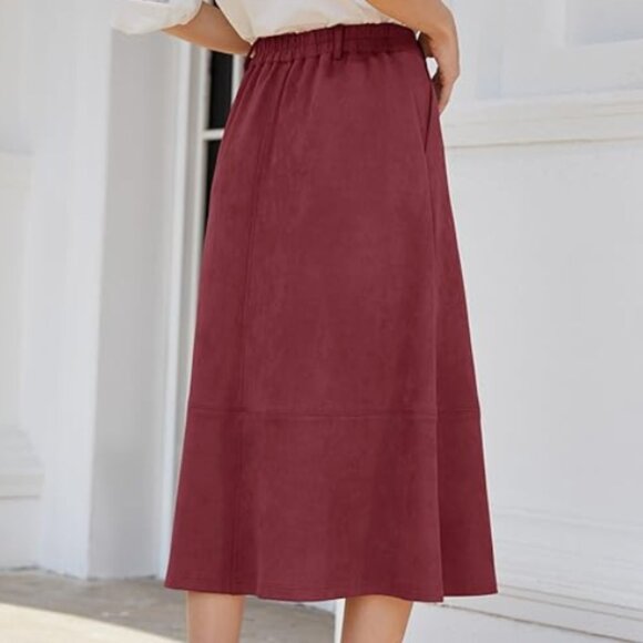 Faux Suede High Waisted Pleated A-Line Midi Skirt with Pockets - Picture 2 of 6